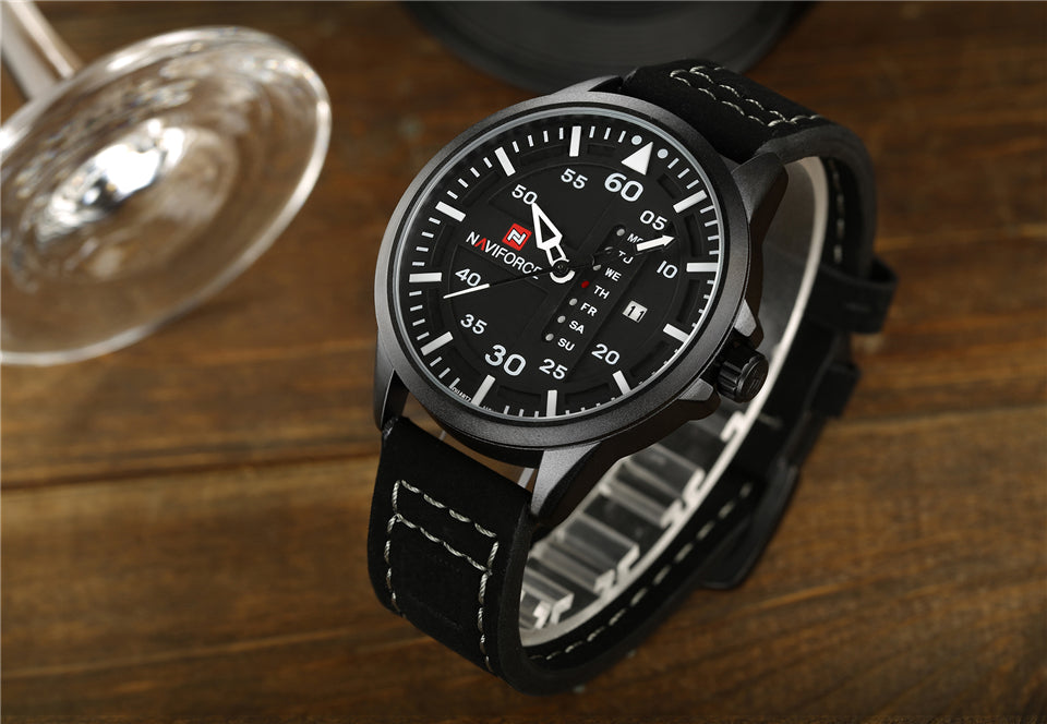 NAVIFORCE Waterproof Military Sport Quartz Men's Watches With Leather Strap White